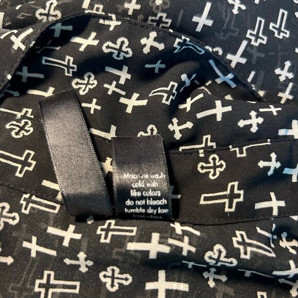 FUN & FLIRT Semi-Sheer Blouse Black W/ White Crosses Religious Punk Grunge Goth - Picture 8 of 8